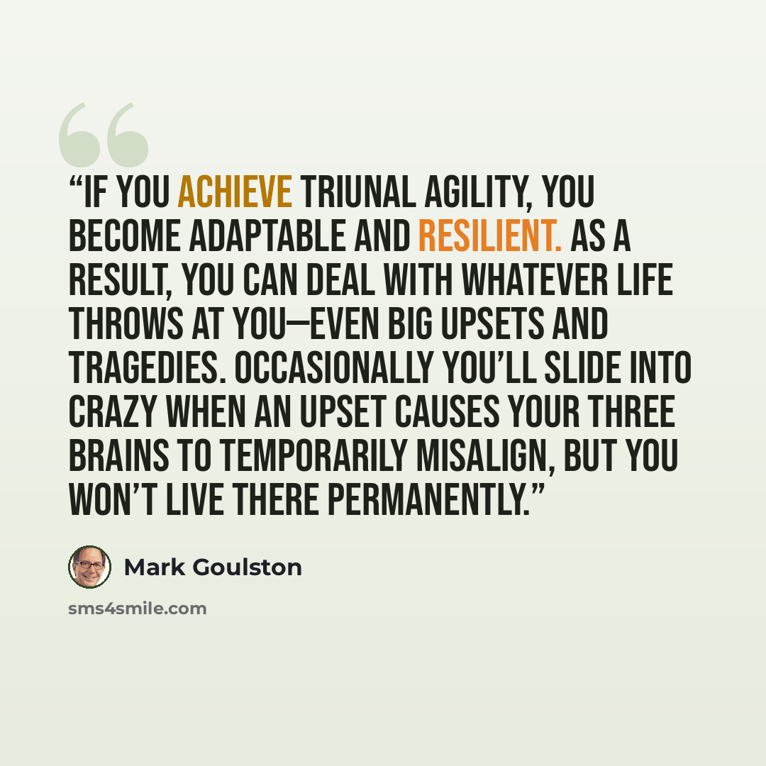 “If you achieve triunal agility, you become adaptable and resilient. As a result, you can deal with whatever life throws at you—even big upsets and tragedies. Occasionally you’ll slide into crazy when an upset causes your three brains to temporarily misalign, but you won’t live there permanently.” quote by Mark Goulston