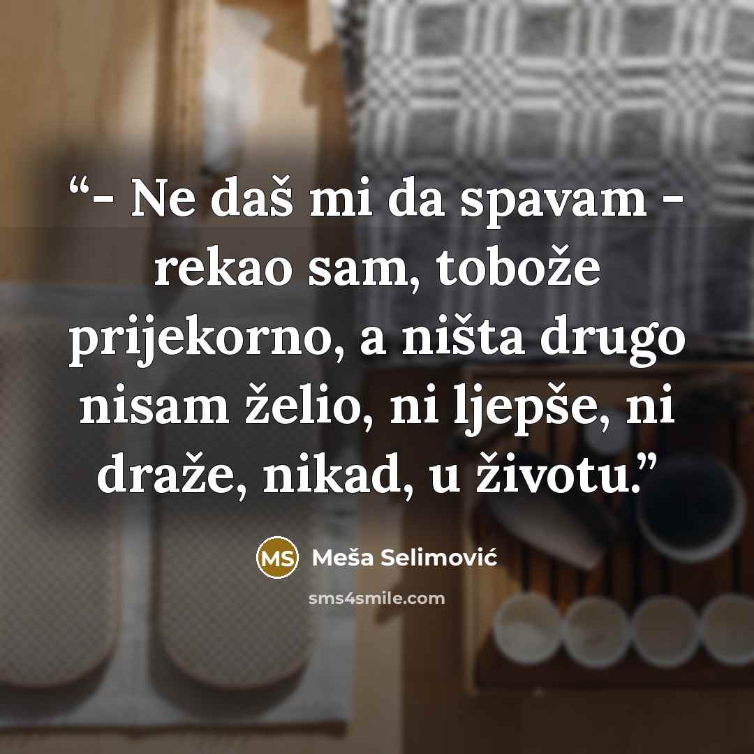 “- Ne daš mi da spavam - rekao sam, tobože prijekorno, a ništa drugo nisam želio, ni ljepše, ni draže, nikad, u životu.” quote by Meša Selimović