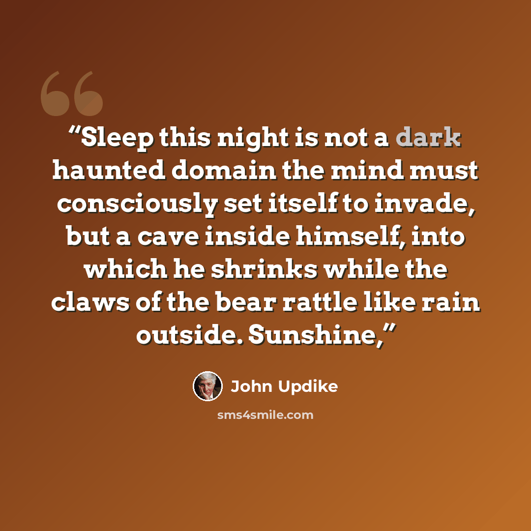 “Sleep this night is not a dark haunted domain the mind must consciously set itself to invade, but a cave inside himself, into which he shrinks while the claws of the bear rattle like rain outside. Sunshine,” quote by John Updike