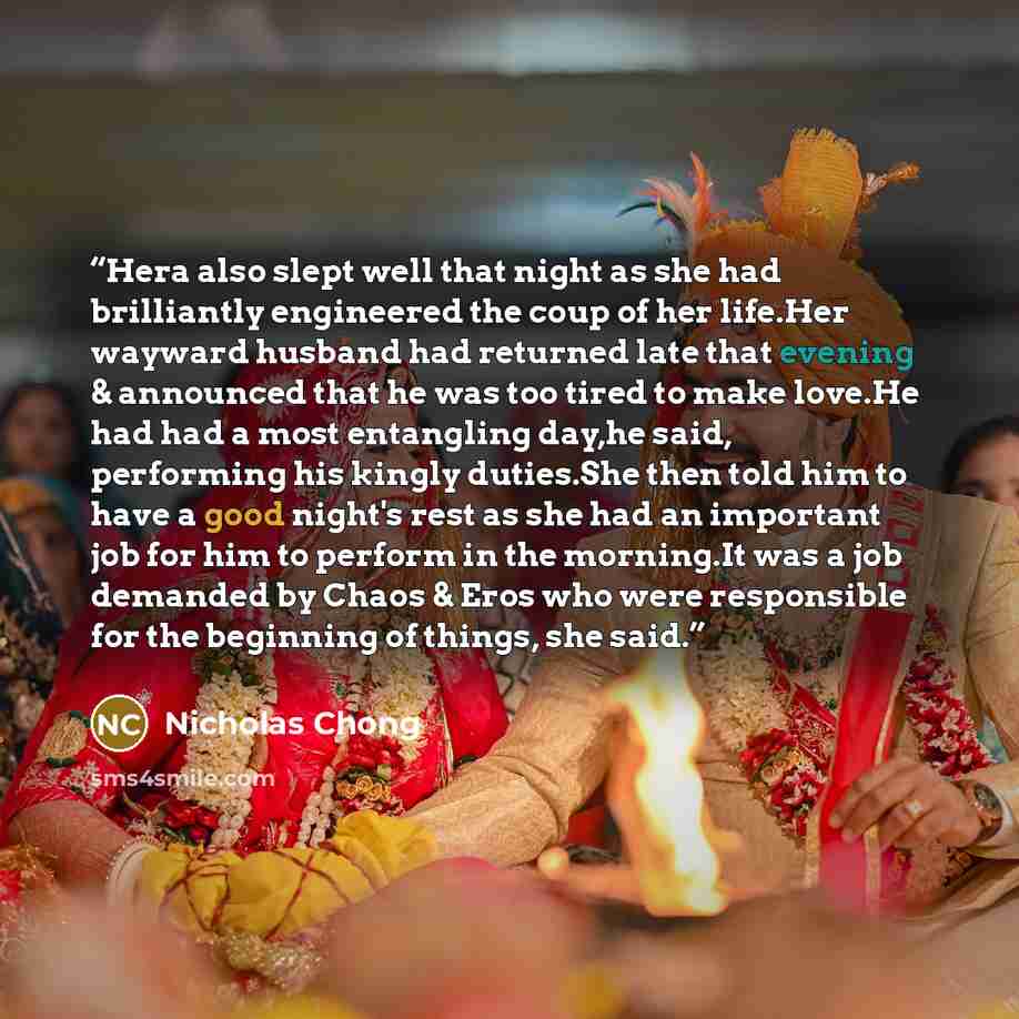 “Hera also slept well that night as she had brilliantly engineered the coup of her life.Her wayward husband had returned late that evening & announced that he was too tired to make love.He had had a most entangling day,he said, performing his kingly duties.She then told him to have a good night's…” quote by Nicholas Chong