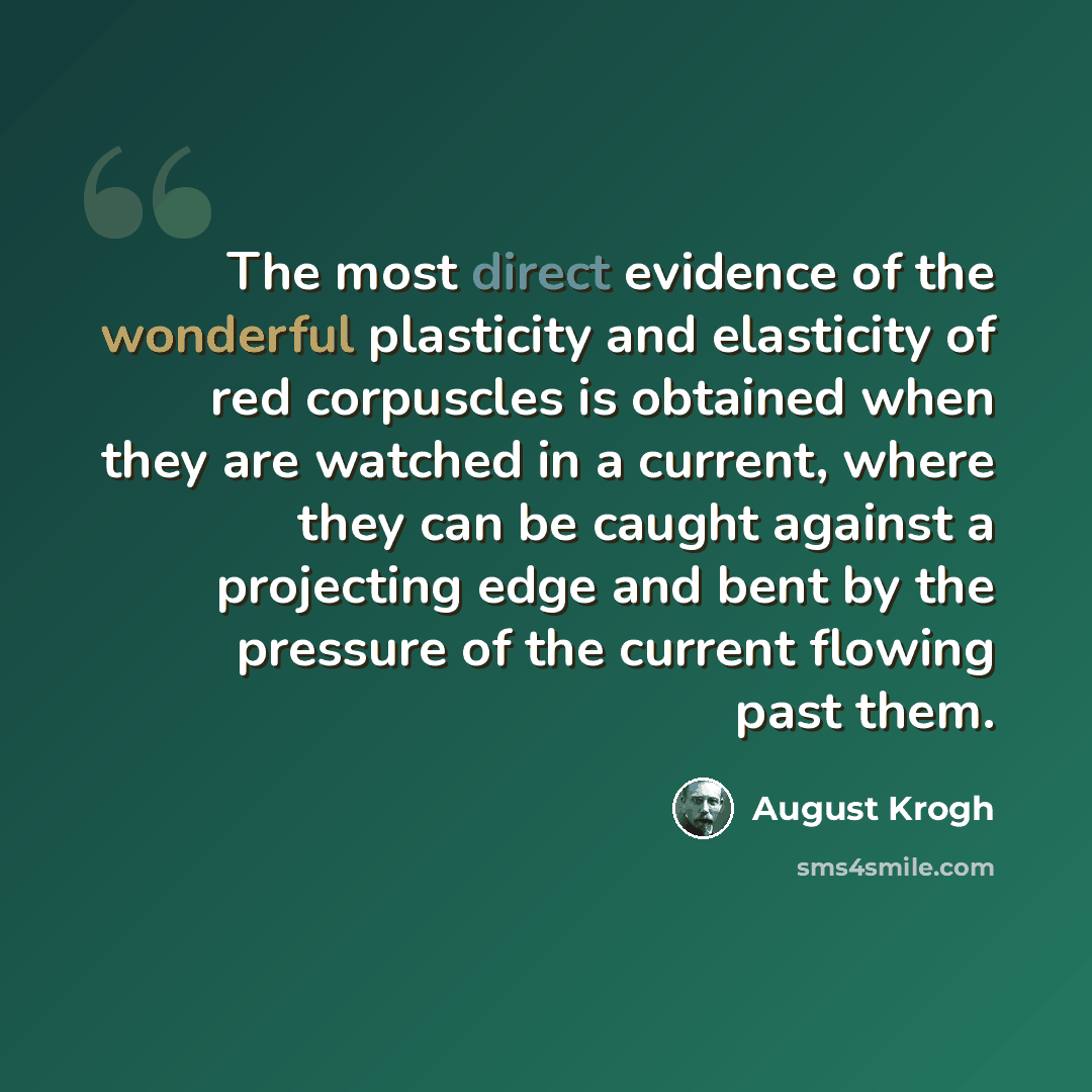 “The most direct evidence of the wonderful plasticity and elasticity of red corpuscles is obtained when they are watched in a current, where they can be caught against a projecting edge and bent by the pressure of the current flowing past them.” quote by August Krogh