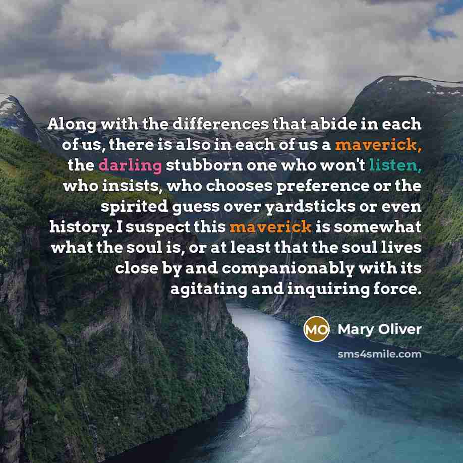 “Along with the differences that abide in each of us, there is also in each of us a maverick, the darling stubborn one who won't listen, who insists, who chooses preference or the spirited guess over yardsticks or even history. I suspect this maverick is somewhat what the soul is, or at least that…” quote by Mary Oliver