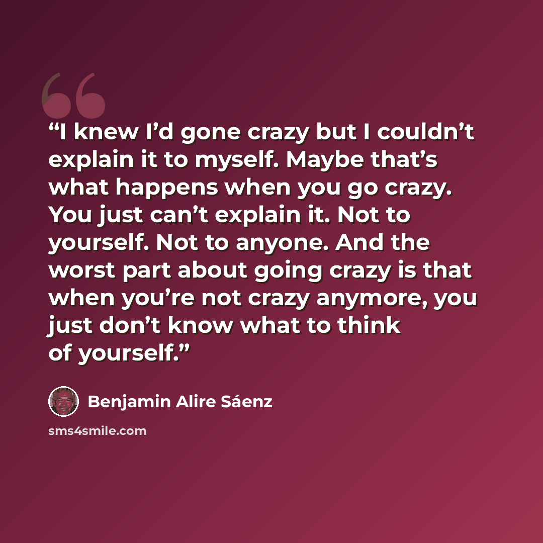 “I knew I’d gone crazy but I couldn’t explain it to myself. Maybe that’s what happens when you go crazy. You just can’t explain it. Not to yourself. Not to anyone. And the worst part about going crazy is that when you’re not crazy anymore, you just don’t know what to think of yourself.” quote by Benjamin Alire Sáenz