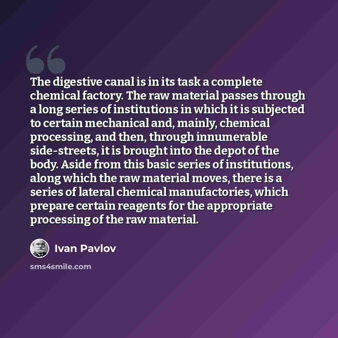 “The digestive canal is in its task a complete chemical factory. The raw material passes through a long series of institutions in which it is subjected to certain mechanical and, mainly, chemical processing, and then, through innumerable side-streets, it is brought into the depot of the body. Aside…” quote by Ivan Pavlov