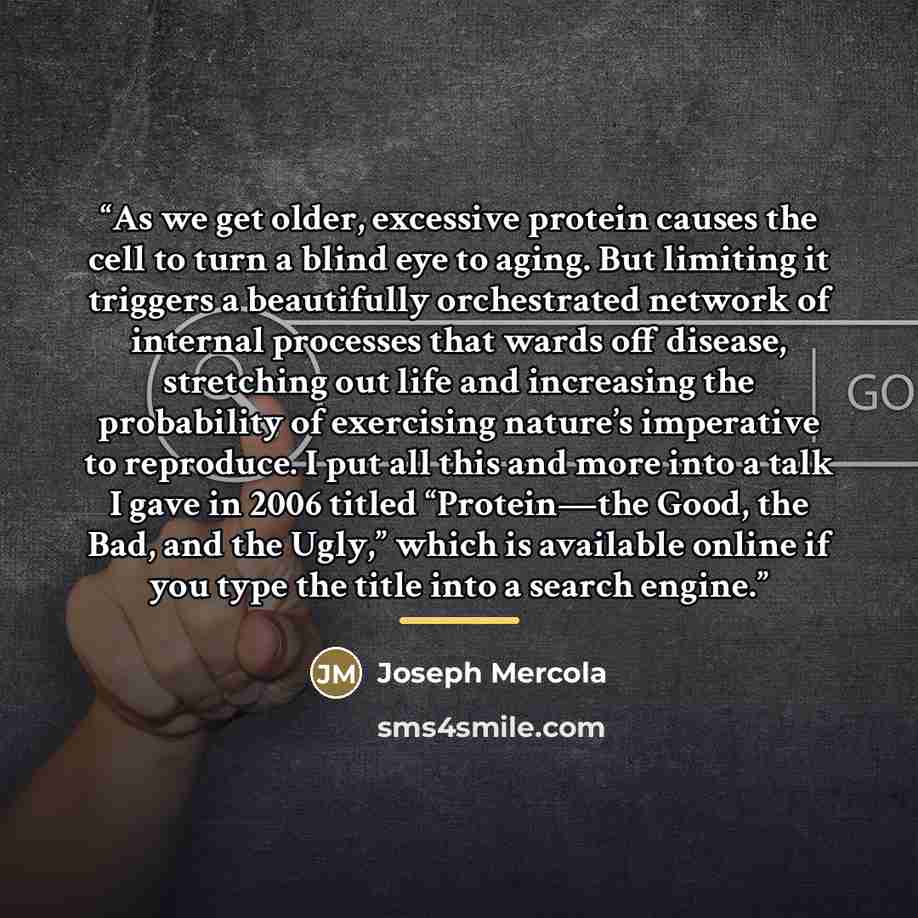 “As we get older, excessive protein causes the cell to turn a blind eye to aging. But limiting it triggers a beautifully orchestrated network of internal processes that wards off disease, stretching out life and increasing the probability of exercising nature’s imperative to reproduce. I put all…” quote by Joseph Mercola