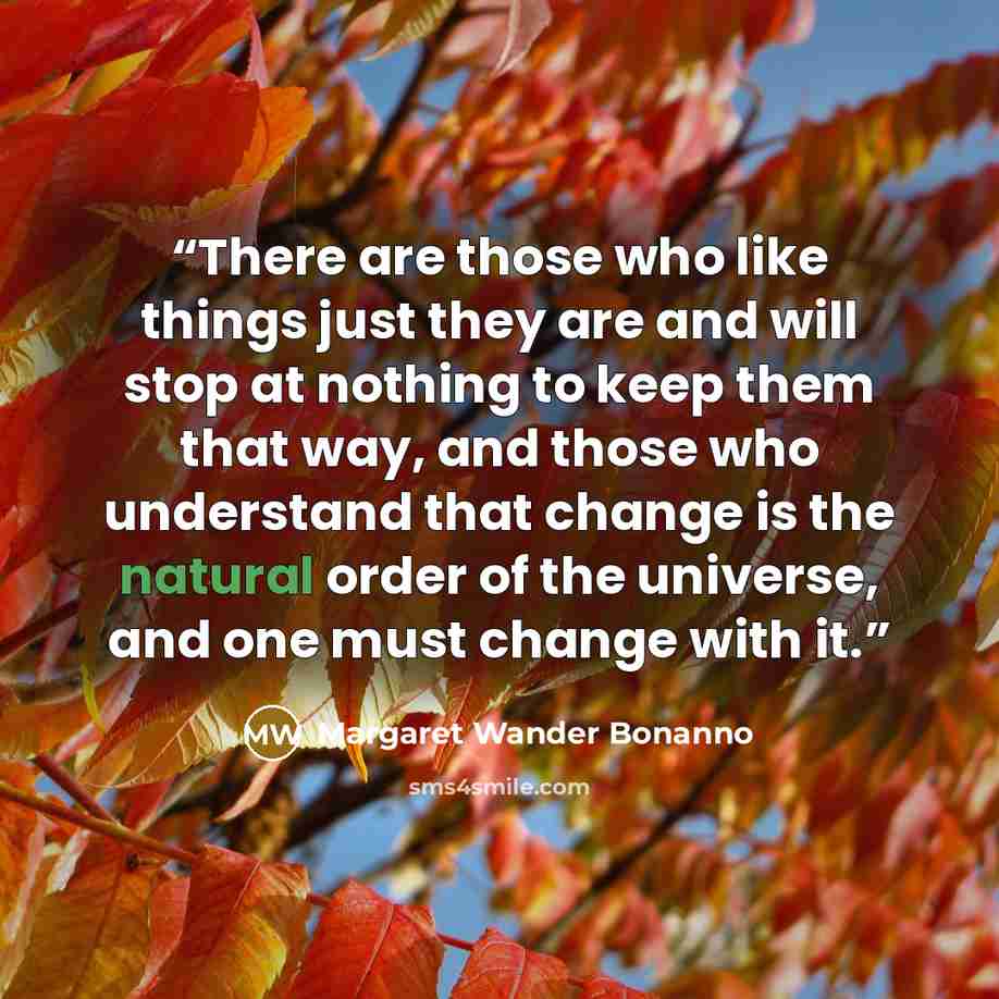 “There are those who like things just they are and will stop at nothing to keep them that way, and those who understand that change is the natural order of the universe, and one must change with it.” quote by Margaret Wander Bonanno