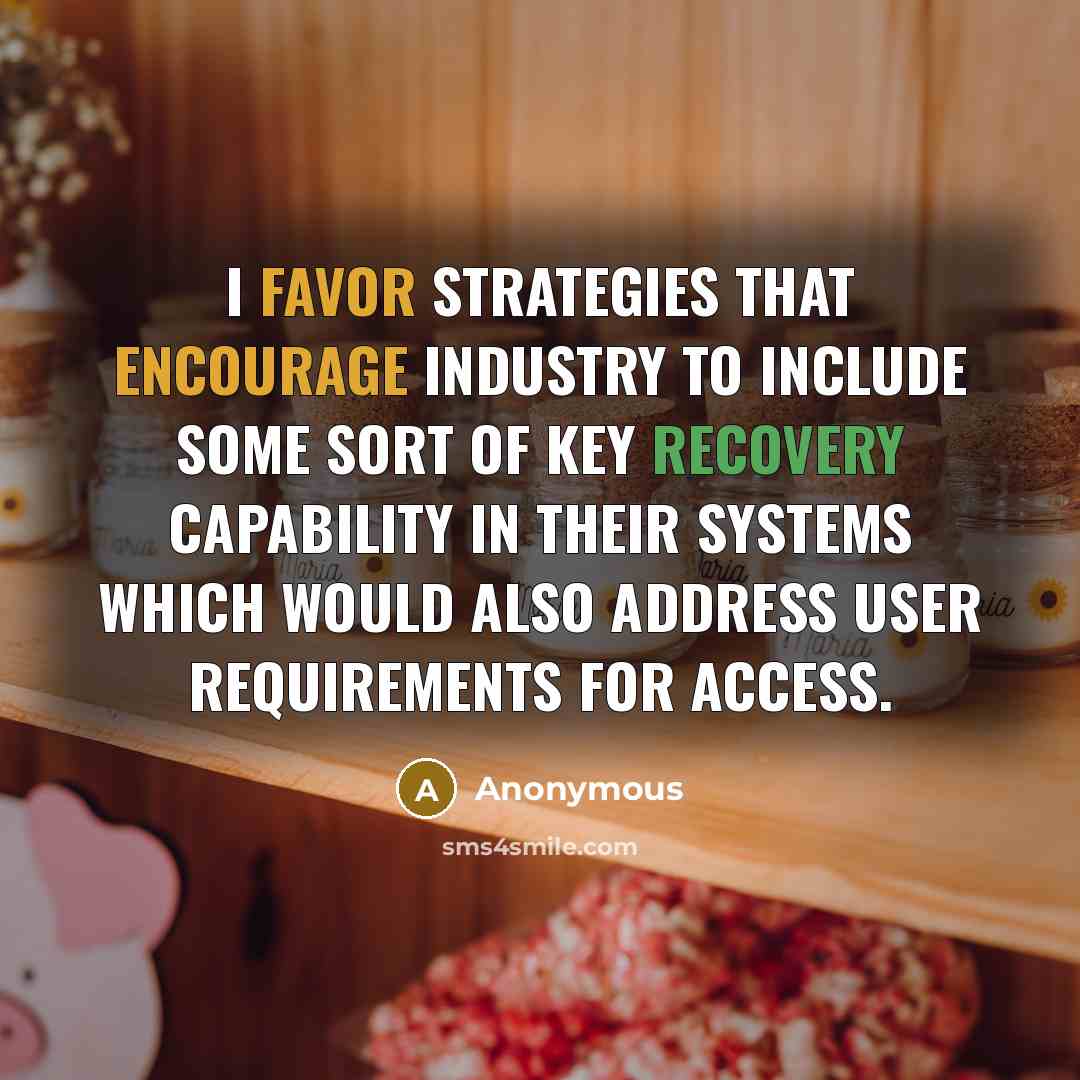 “I favor strategies that encourage industry to include some sort of key recovery capability in their systems which would also address user requirements for access.” quote by Anonymous