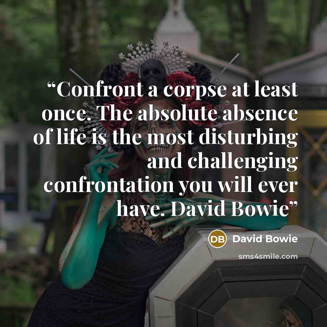 “Confront a corpse at least once. The absolute absence of life is the most disturbing and challenging confrontation you will ever have. David Bowie” quote by David Bowie