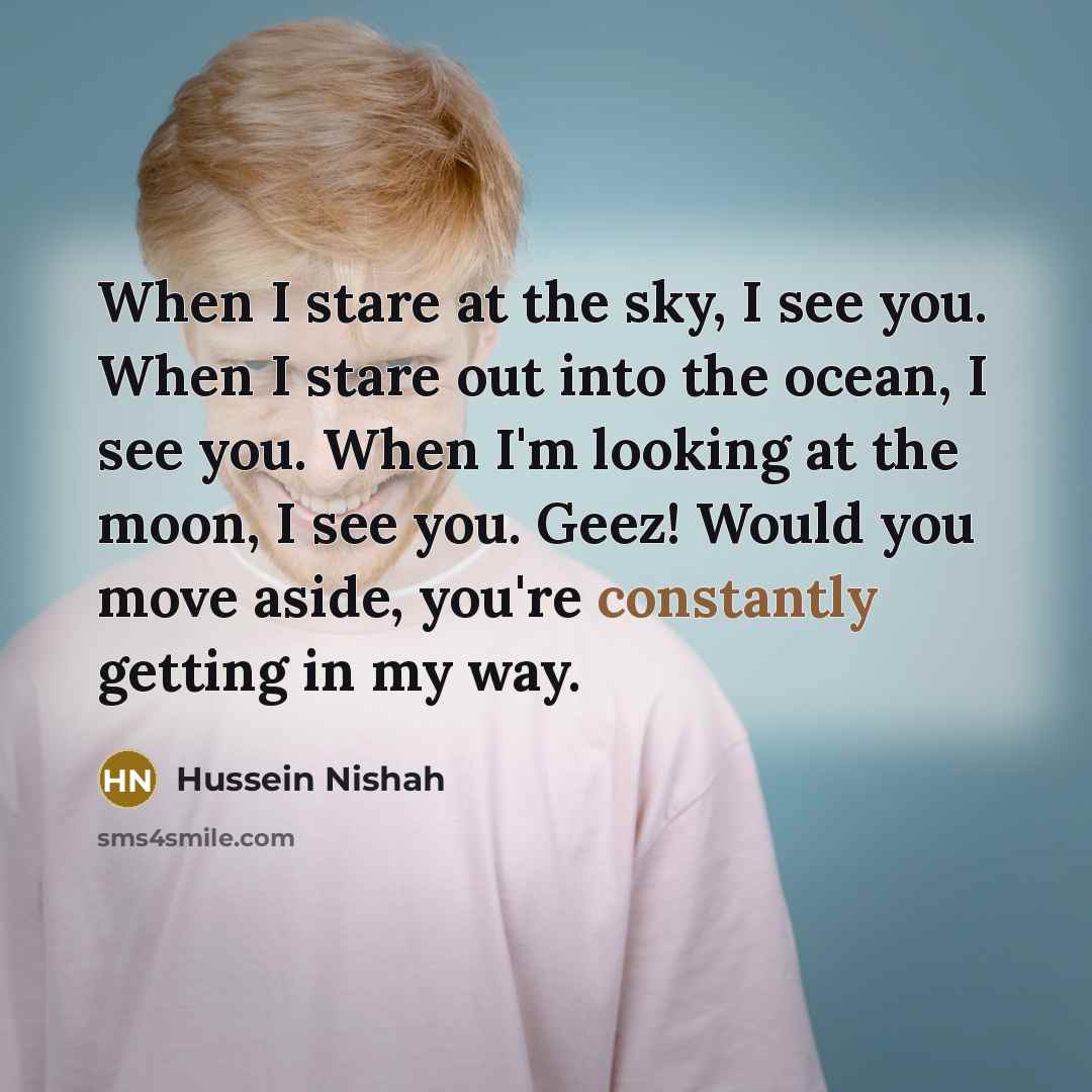“When I stare at the sky, I see you. When I stare out into the ocean, I see you. When I'm looking at the moon, I see you. Geez! Would you move aside, you're constantly getting in my way.” quote by Hussein Nishah