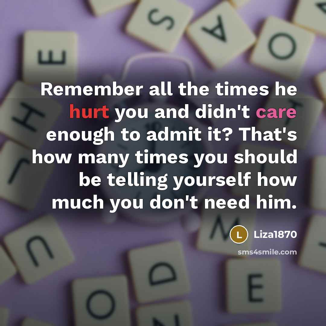 “Remember all the times he hurt you and didn't care enough to admit it? That's how many times you should be telling yourself how much you don't need him.” quote by Liza1870