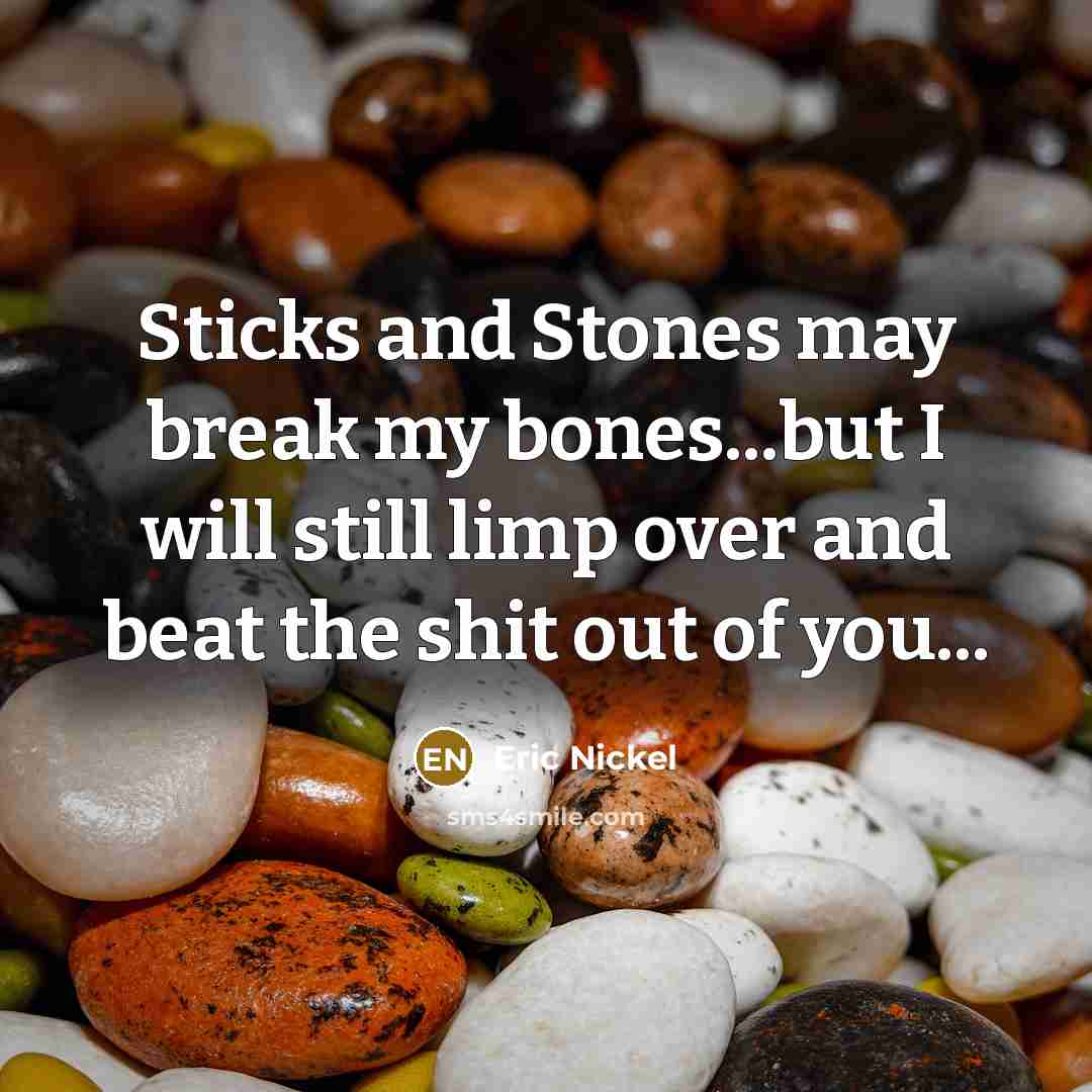 “Sticks and Stones may break my bones...but I will still limp over and beat the shit out of you...” quote by Eric Nickel