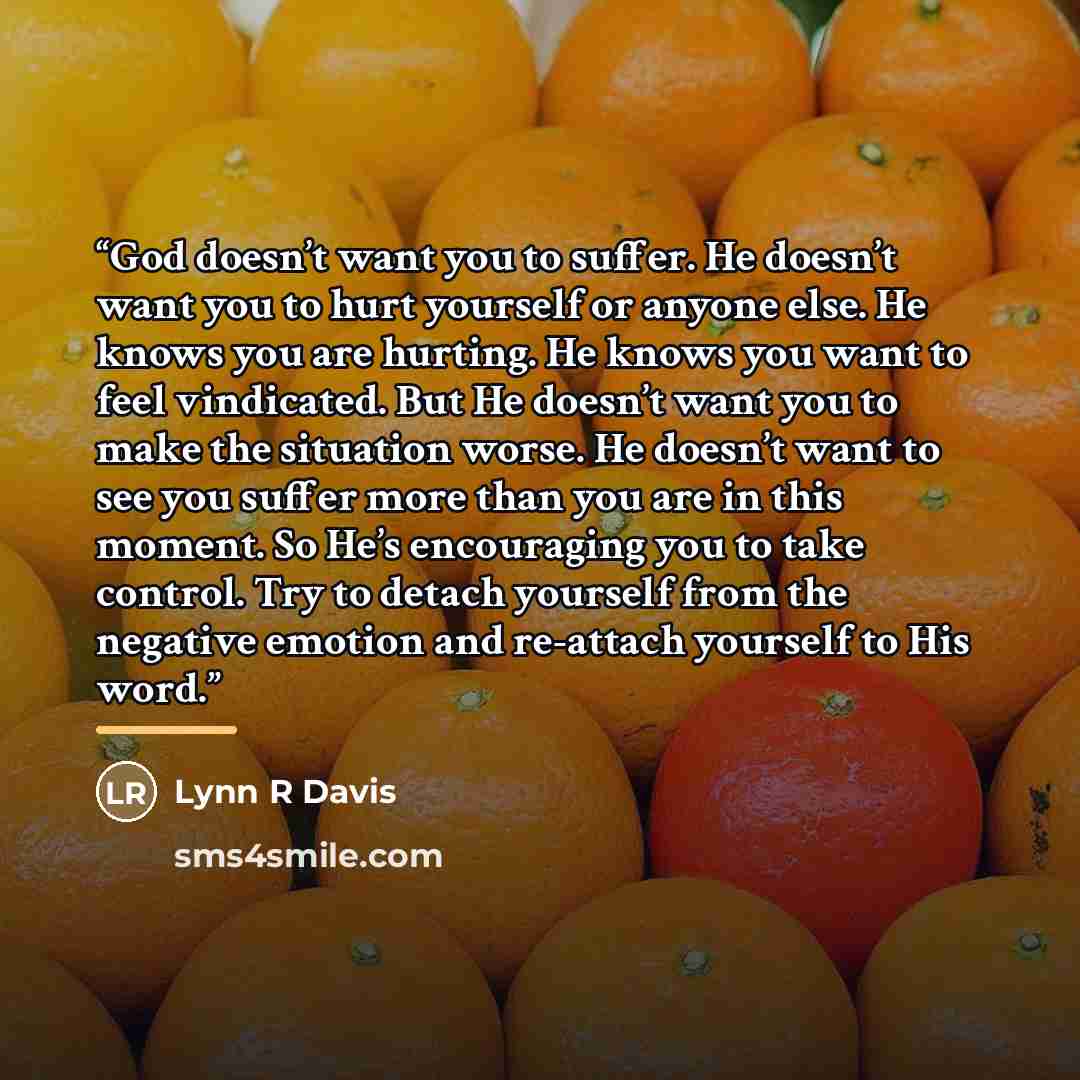“God doesn’t want you to suffer. He doesn’t want you to hurt yourself or anyone else. He knows you are hurting. He knows you want to feel vindicated. But He doesn’t want you to make the situation worse. He doesn’t want to see you suffer more than you are in this moment. So He’s encouraging you to…” quote by Lynn R Davis
