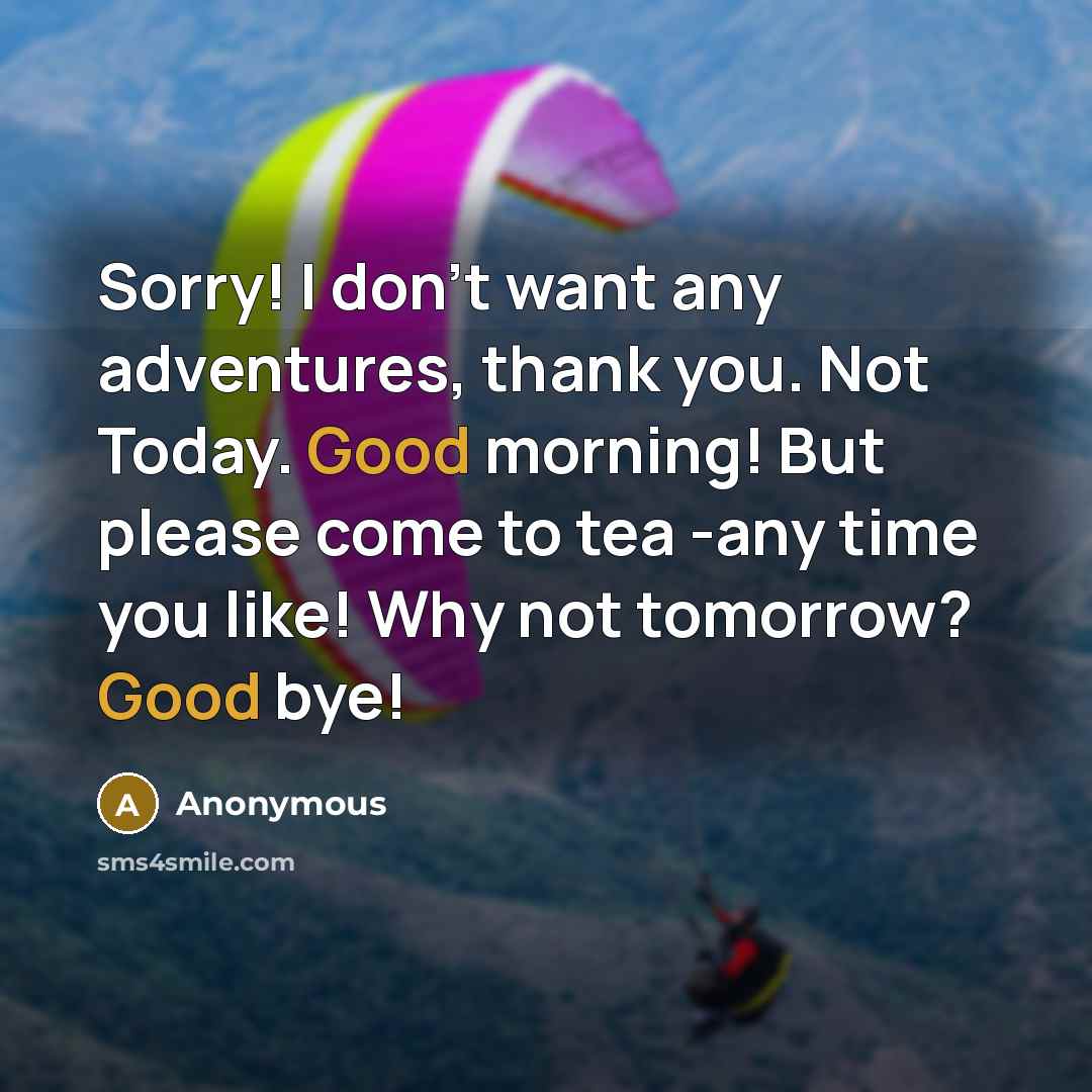“Sorry! I don't want any adventures, thank you. Not Today. Good morning! But please come to tea -any time you like! Why not tomorrow? Good bye!” quote by Anonymous