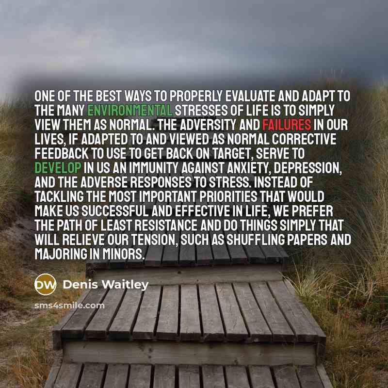 “One of the best ways to properly evaluate and adapt to the many environmental stresses of life is to simply view them as normal. The adversity and failures in our lives, if adapted to and viewed as normal corrective feedback to use to get back on target, serve to develop in us an immunity against…” quote by Denis Waitley