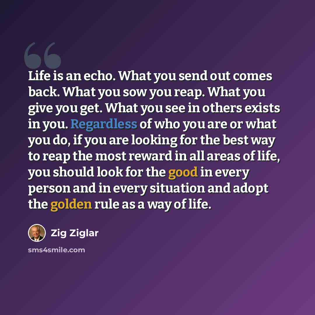 “Life is an echo. What you send out comes back. What you sow you reap. What you give you get. What you see in others exists in you. Regardless of who you are or what you do, if you are looking for the best way to reap the most reward in all areas of life, you should look for the good in every…” quote by Zig Ziglar