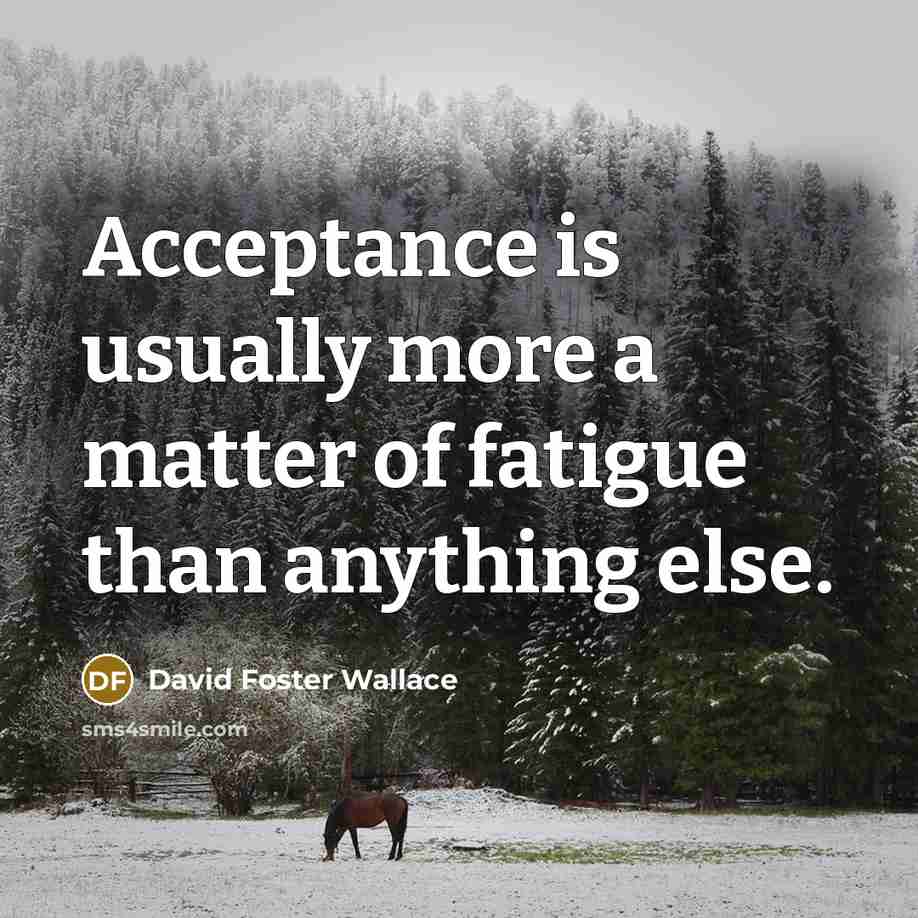 “Acceptance is usually more a matter of fatigue than anything else.” quote by David Foster Wallace