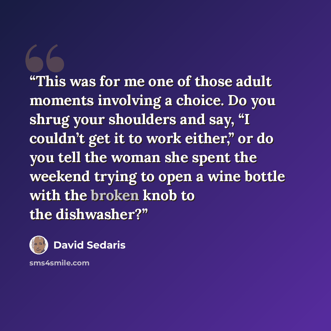 “This was for me one of those adult moments involving a choice. Do you shrug your shoulders and say, “I couldn’t get it to work either,” or do you tell the woman she spent the weekend trying to open a wine bottle with the broken knob to the dishwasher?” quote by David Sedaris