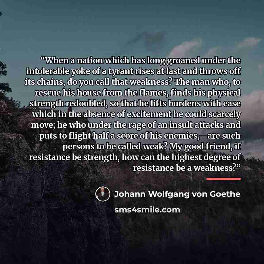 “When a nation which has long groaned under the intolerable yoke of a tyrant rises at last and throws off its chains, do you call that weakness? The man who, to rescue his house from the flames, finds his physical strength redoubled, so that he lifts burdens with ease which in the absence of…” quote by Johann Wolfgang von Goethe
