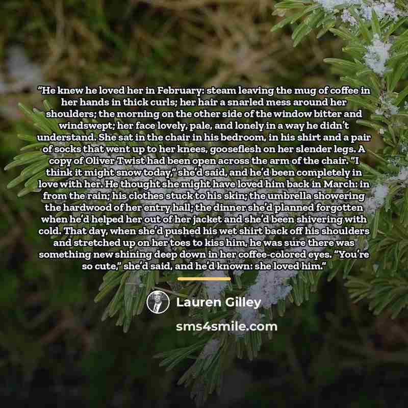 “He knew he loved her in February: steam leaving the mug of coffee in her hands in thick curls; her hair a snarled mess around her shoulders; the morning on the other side of the window bitter and windswept; her face lovely, pale, and lonely in a way he didn’t understand. She sat in the chair in…” quote by Lauren Gilley