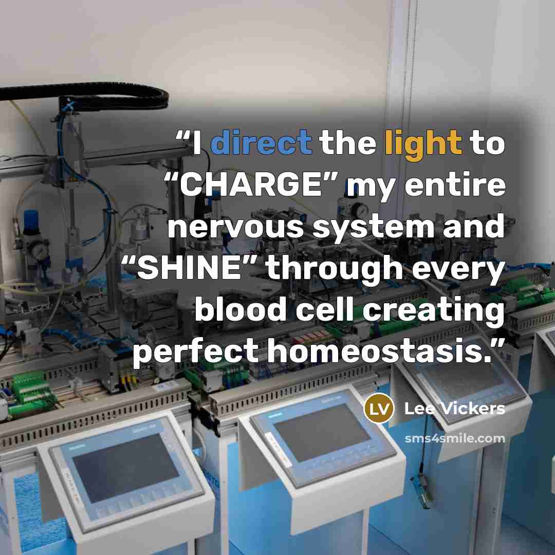 “I direct the light to “CHARGE” my entire nervous system and “SHINE” through every blood cell creating perfect homeostasis.” quote by Lee Vickers
