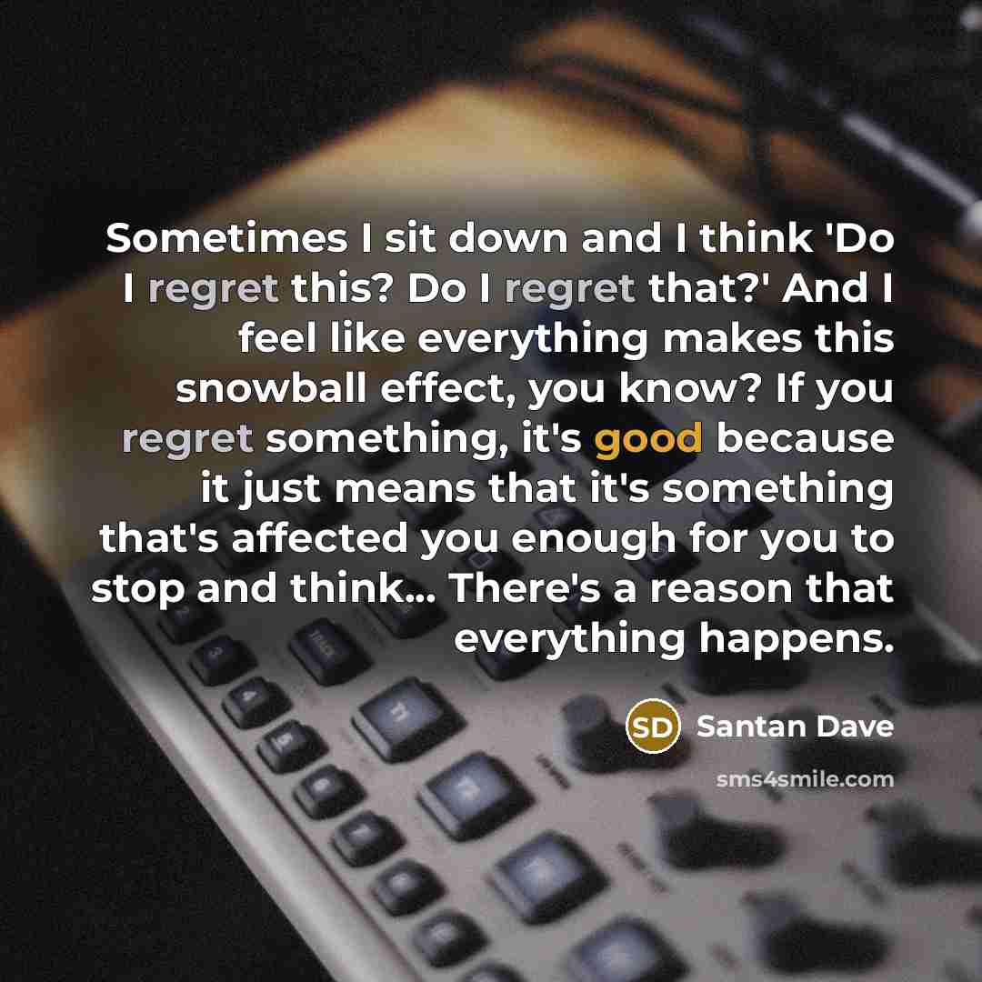 “Sometimes I sit down and I think 'Do I regret this? Do I regret that?' And I feel like everything makes this snowball effect, you know? If you regret something, it's good because it just means that it's something that's affected you enough for you to stop and think... There's a reason that…” quote by Santan Dave