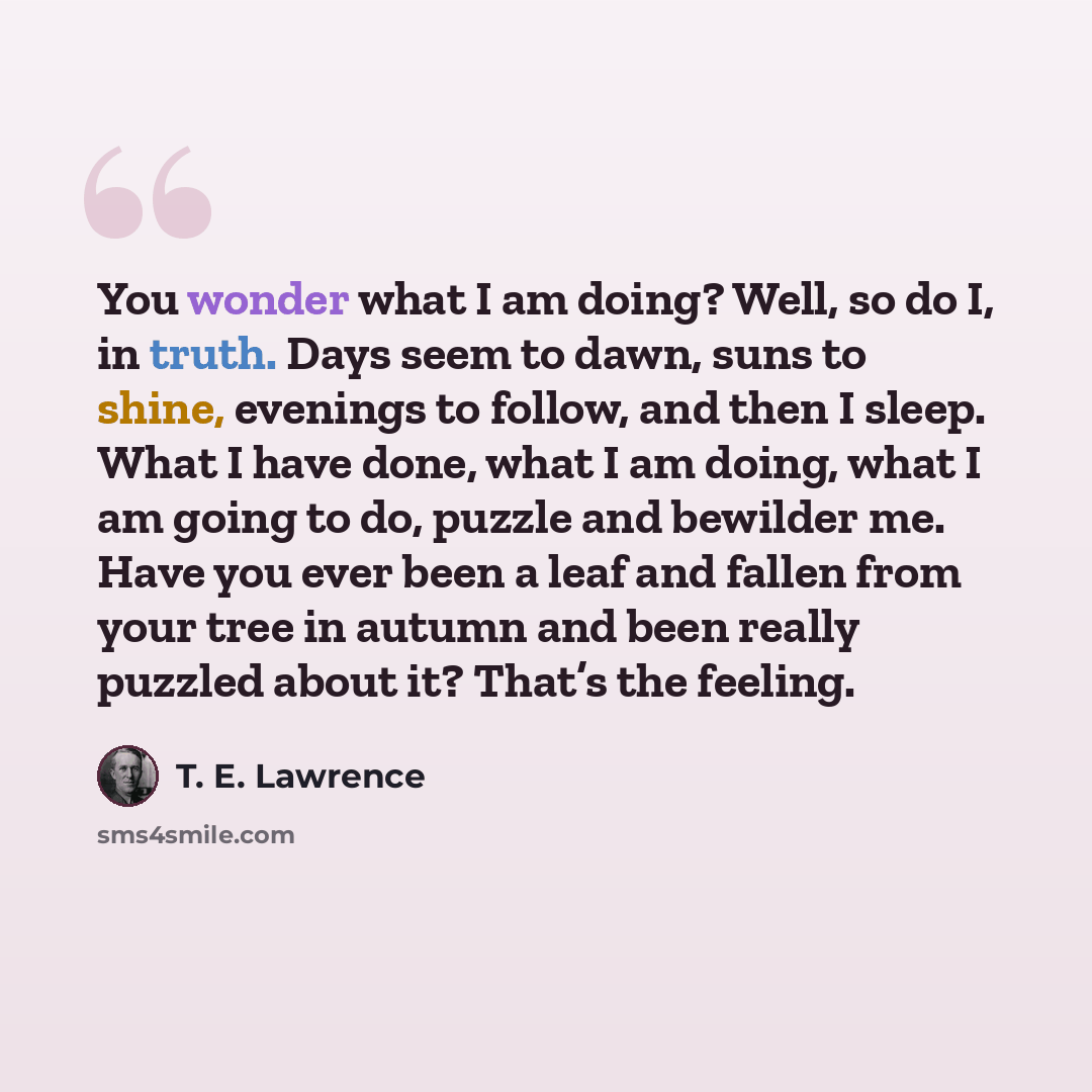 “You wonder what I am doing? Well, so do I, in truth. Days seem to dawn, suns to shine, evenings to follow, and then I sleep. What I have done, what I am doing, what I am going to do, puzzle and bewilder me. Have you ever been a leaf and fallen from your tree in autumn and been really puzzled about…” quote by T. E. Lawrence
