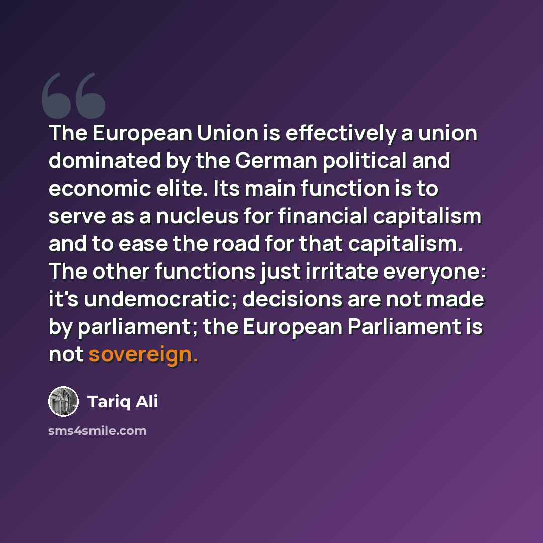 “The European Union is effectively a union dominated by the German political and economic elite. Its main function is to serve as a nucleus for financial capitalism and to ease the road for that capitalism. The other functions just irritate everyone: it's undemocratic; decisions are not made by…” quote by Tariq Ali