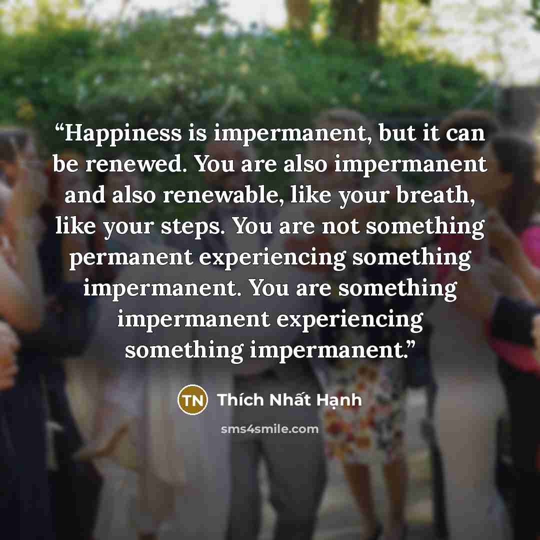 “Happiness is impermanent, but it can be renewed. You are also impermanent and also renewable, like your breath, like your steps. You are not something permanent experiencing something impermanent. You are something impermanent experiencing something impermanent.” quote by Thich Nhat Hanh