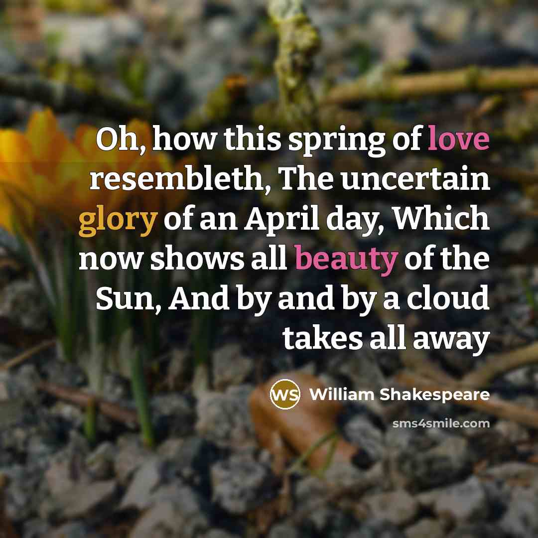“Oh, how this spring of love resembleth, The uncertain glory of an April day, Which now shows all beauty of the Sun, And by and by a cloud takes all away” quote by William Shakespeare