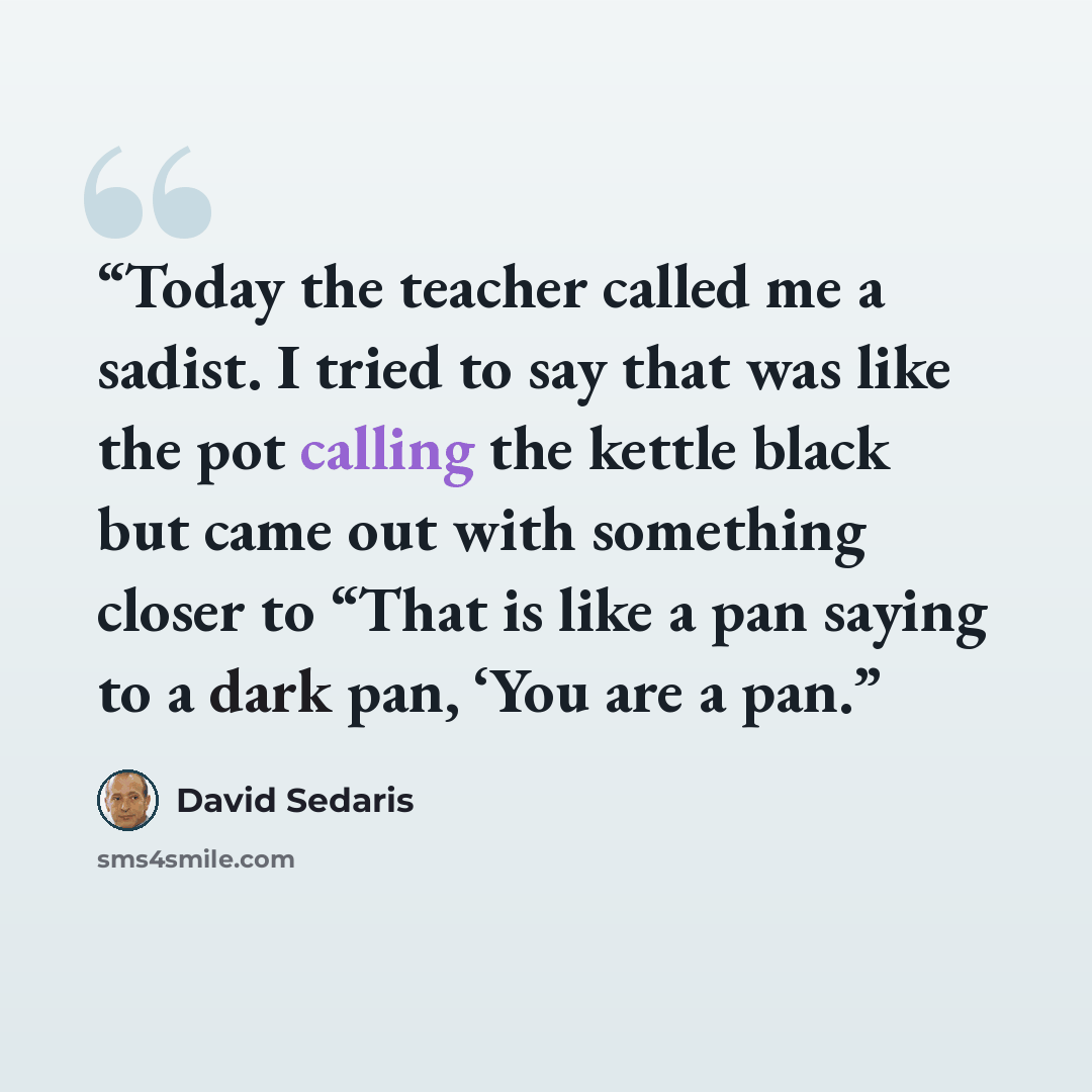 “Today the teacher called me a sadist. I tried to say that was like the pot calling the kettle black but came out with something closer to “That is like a pan saying to a dark pan, ‘You are a pan.” quote by David Sedaris