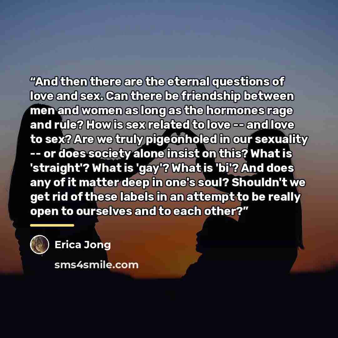 “And then there are the eternal questions of love and sex. Can there be friendship between men and women as long as the hormones rage and rule? How is sex related to love -- and love to sex? Are we truly pigeonholed in our sexuality -- or does society alone insist on this? What is 'straight'? What…” quote by Erica Jong