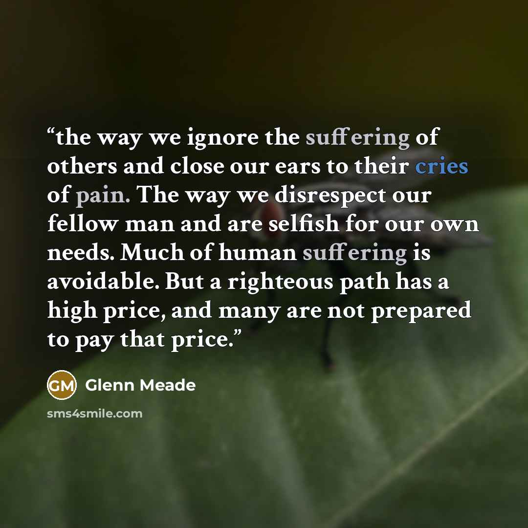 “the way we ignore the suffering of others and close our ears to their cries of pain. The way we disrespect our fellow man and are selfish for our own needs. Much of human suffering is avoidable. But a righteous path has a high price, and many are not prepared to pay that price.” quote by Glenn Meade