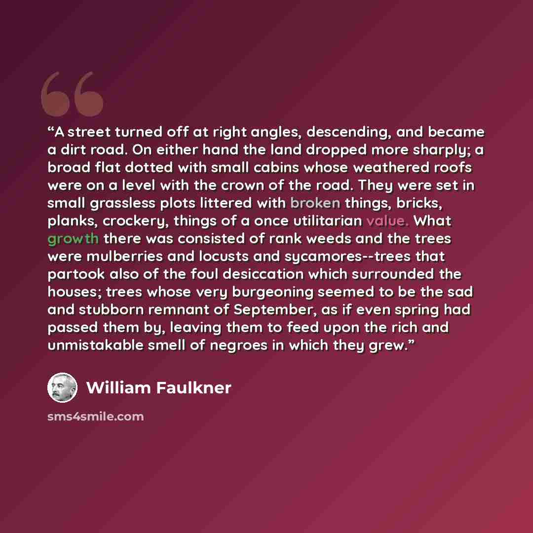 “A street turned off at right angles, descending, and became a dirt road. On either hand the land dropped more sharply; a broad flat dotted with small cabins whose weathered roofs were on a level with the crown of the road. They were set in small grassless plots littered with broken things, bricks…” quote by William Faulkner