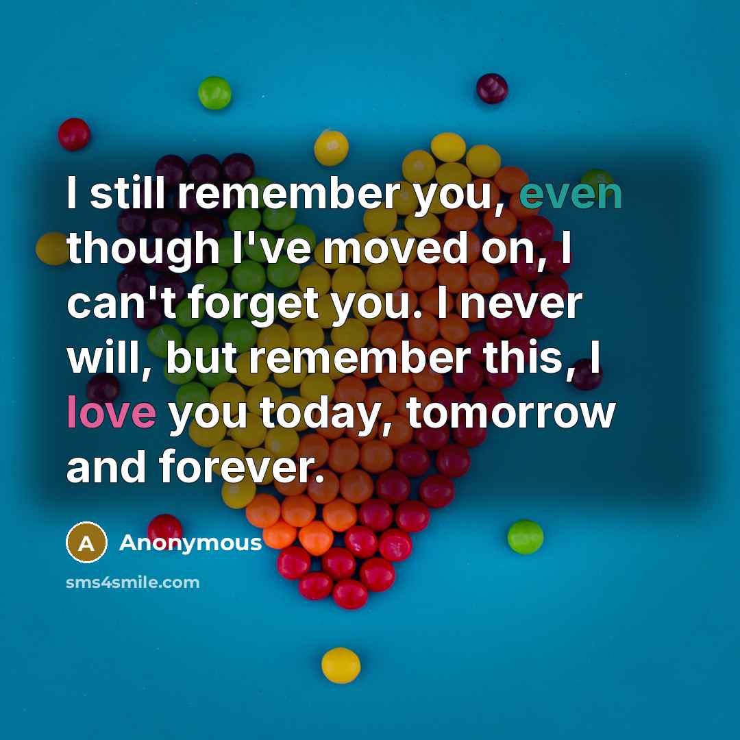 “I still remember you, even though I've moved on, I can't forget you. I never will, but remember this, I love you today, tomorrow and forever.” quote by Anonymous