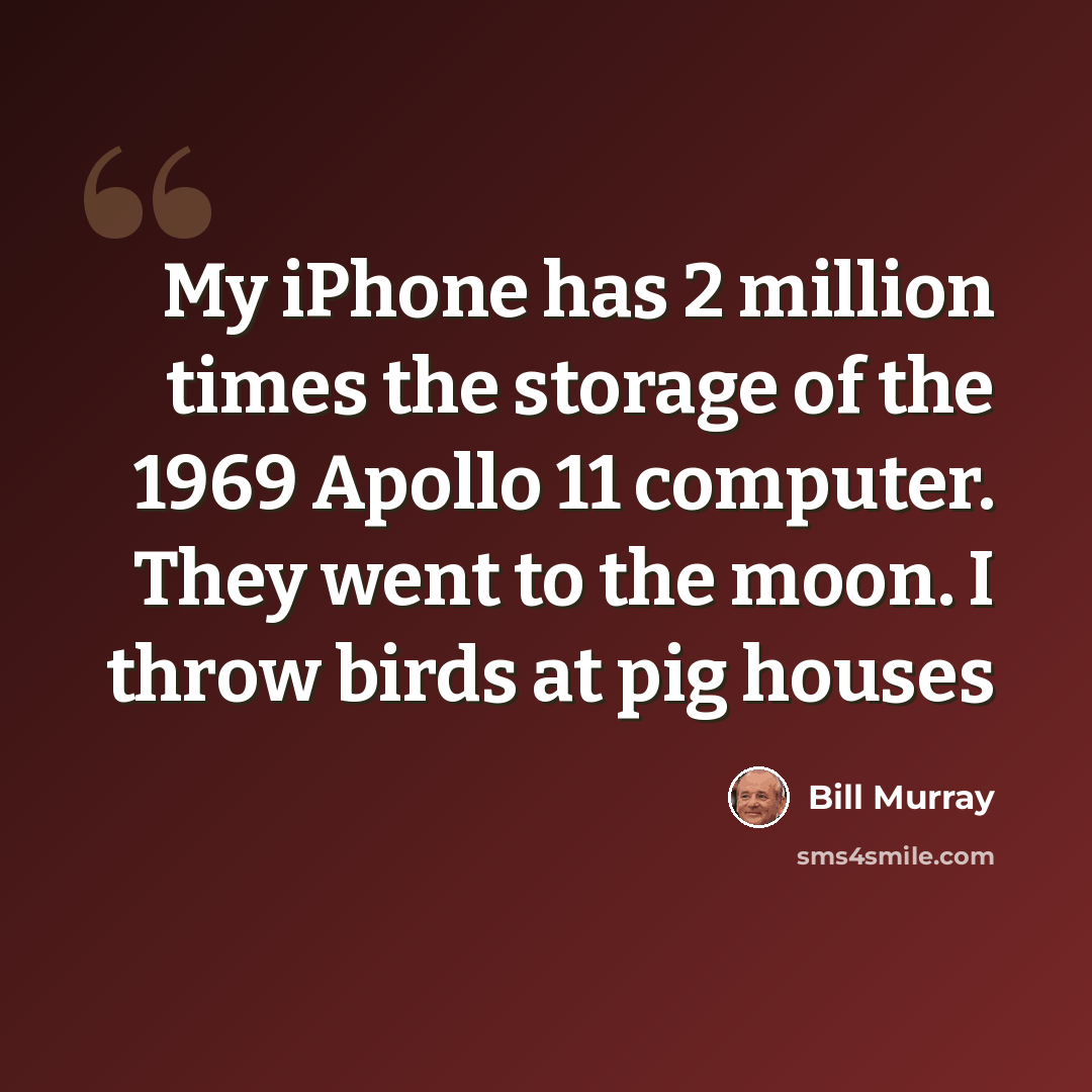 “My iPhone has 2 million times the storage of the 1969 Apollo 11 computer. They went to the moon. I throw birds at pig houses” quote by Bill Murray