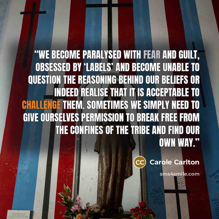 “We become paralysed with fear and guilt, obsessed by ‘labels’ and become unable to question the reasoning behind our beliefs or indeed realise that it is acceptable to challenge them. Sometimes we simply need to give ourselves permission to break free from the confines of the tribe and find our…” quote by Carole Carlton
