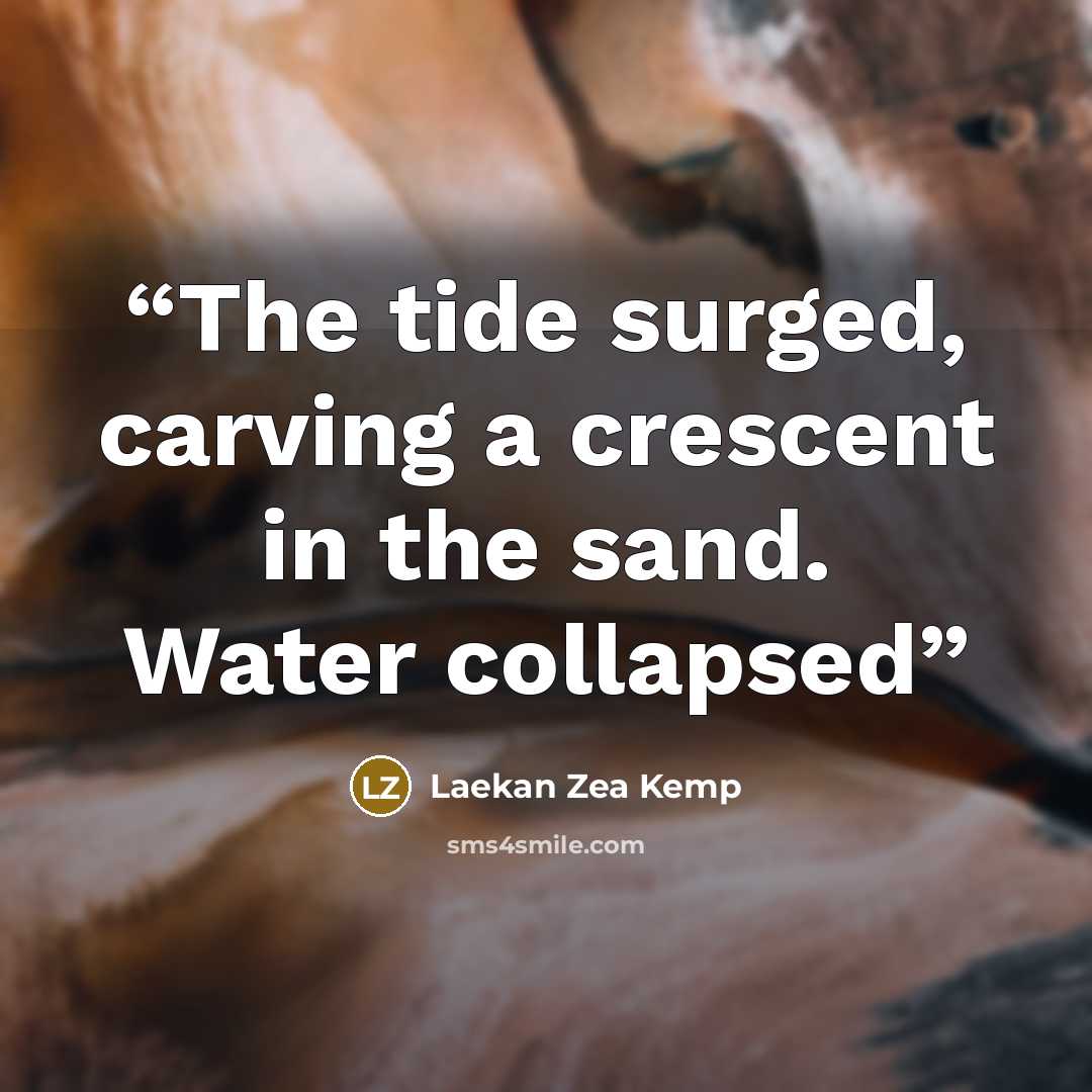 “The tide surged, carving a crescent in the sand. Water collapsed” quote by Laekan Zea Kemp