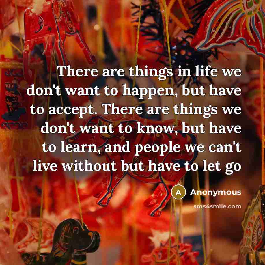 “There are things in life we don't want to happen, but have to accept. There are things we don't want to know, but have to learn, and people we can't live without but have to let go” quote by Anonymous