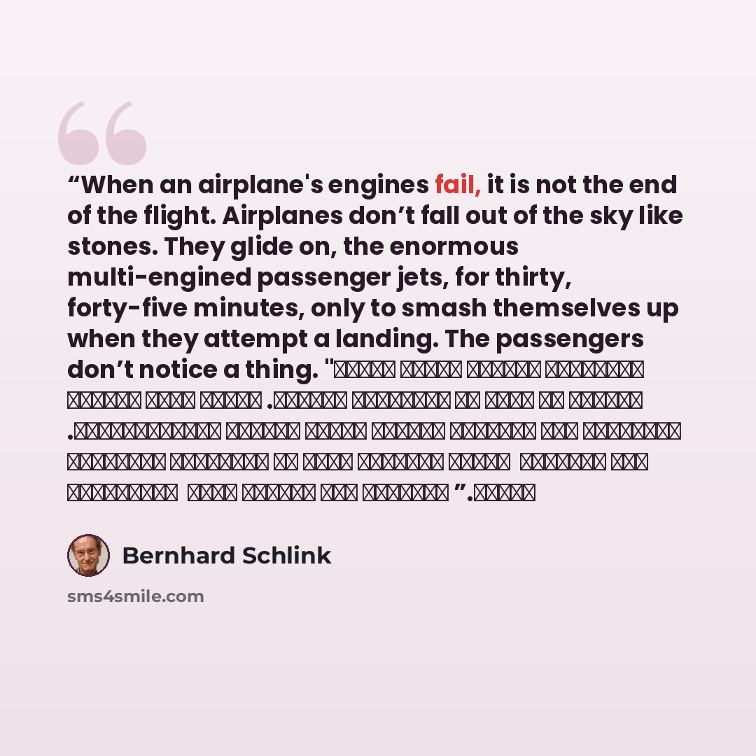 “When an airplane's engines fail, it is not the end of the flight. Airplanes don’t fall out of the sky like stones. They glide on, the enormous multi-engined passenger jets, for thirty, forty-five minutes, only to smash themselves up when they attempt a landing. The passengers don’t notice a thing…” quote by Bernhard Schlink