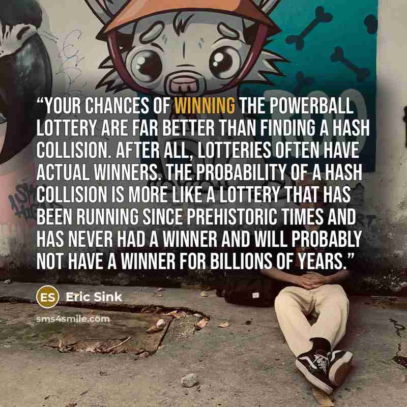 “Your chances of winning the Powerball lottery are far better than finding a hash collision. After all, lotteries often have actual winners. The probability of a hash collision is more like a lottery that has been running since prehistoric times and has never had a winner and will probably not have…” quote by Eric Sink