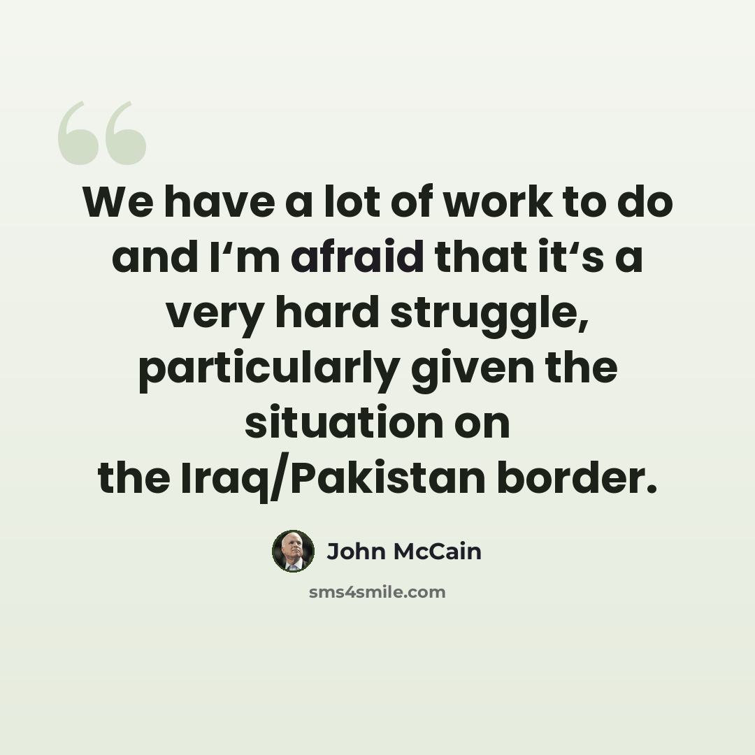 “We have a lot of work to do and I‘m afraid that it‘s a very hard struggle, particularly given the situation on the Iraq/Pakistan border.” quote by John McCain