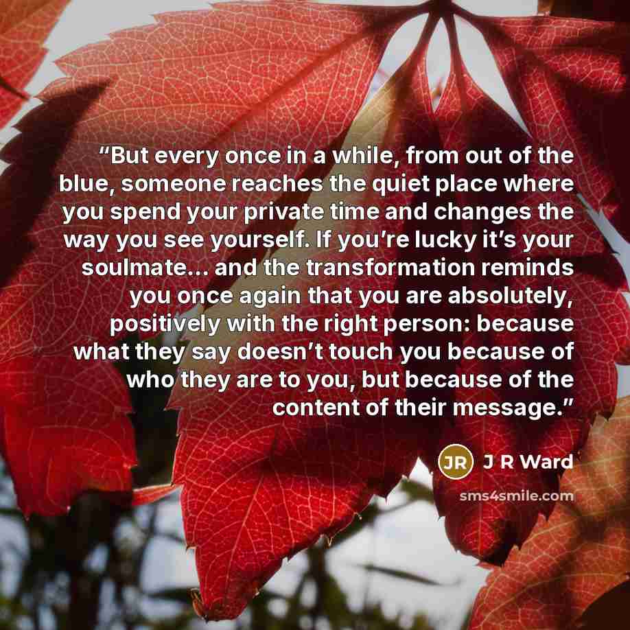 “But every once in a while, from out of the blue, someone reaches the quiet place where you spend your private time and changes the way you see yourself. If you’re lucky it’s your soulmate… and the transformation reminds you once again that you are absolutely, positively with the right person…” quote by J R Ward