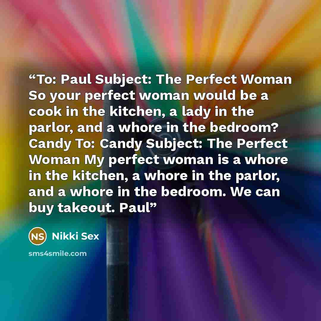 “To: Paul Subject: The Perfect Woman So your perfect woman would be a cook in the kitchen, a lady in the parlor, and a whore in the bedroom? Candy To: Candy Subject: The Perfect Woman My perfect woman is a whore in the kitchen, a whore in the parlor, and a whore in the bedroom. We can buy takeout…” quote by Nikki Sex