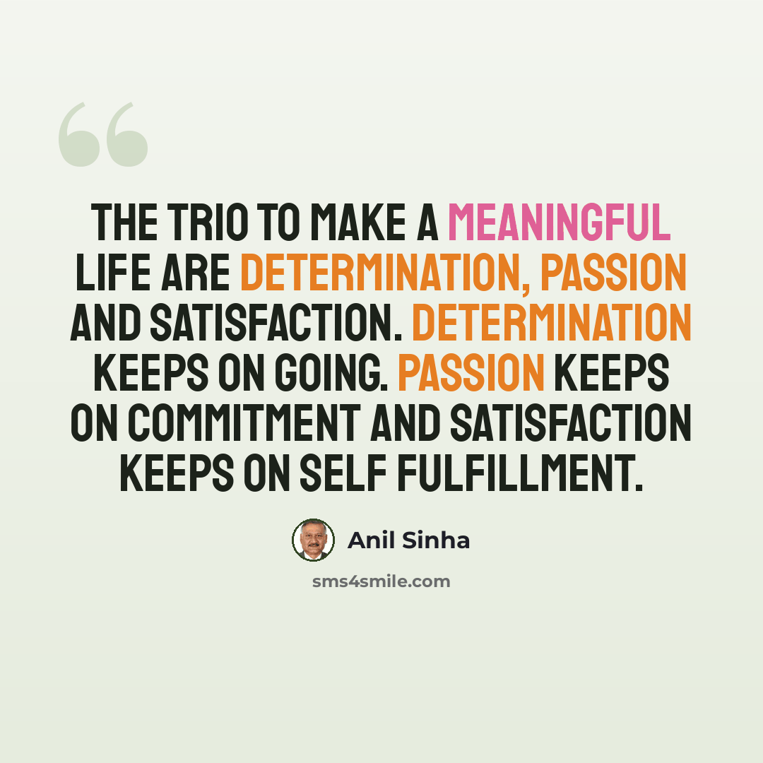 “The Trio to make a meaningful life are determination, passion and satisfaction. Determination keeps on going. Passion keeps on commitment and satisfaction keeps on self fulfillment.” quote by Anil Sinha