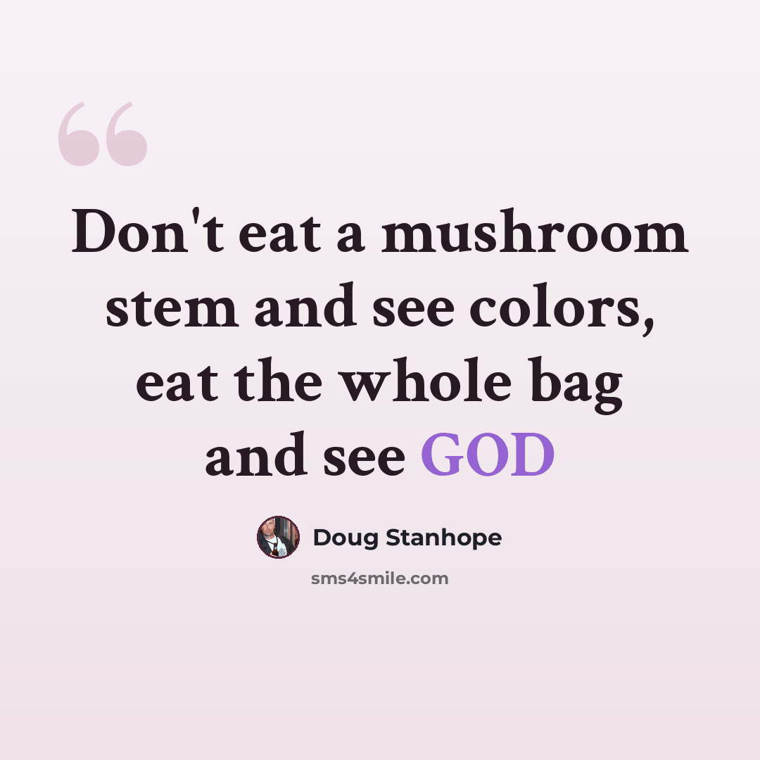 “Don't eat a mushroom stem and see colors, eat the whole bag and see GOD” quote by Doug Stanhope