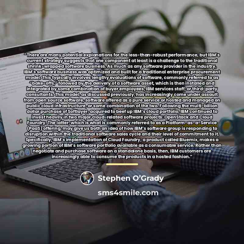 “There are many potential explanations for the less-than-robust performance, but IBM’s current strategy suggests that one component at least is a challenge to the traditional shrink-wrapped software business. As much as any software provider in the industry, IBM’s software business was optimized…” quote by Stephen O’Grady