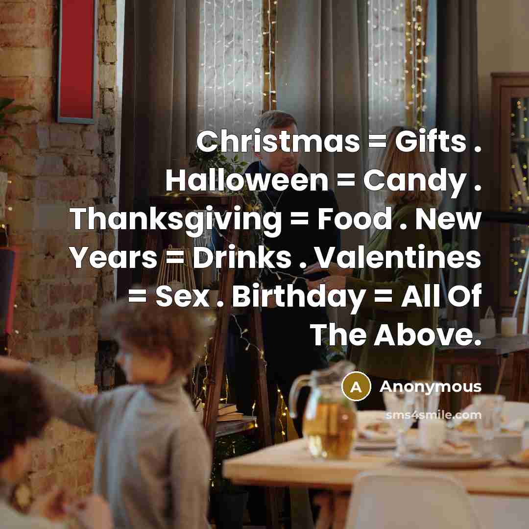 “Christmas = Gifts . Halloween = Candy . Thanksgiving = Food . New Years = Drinks . Valentines = Sex . Birthday = All Of The Above.” quote by Anonymous