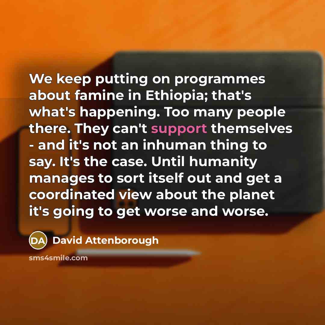 “We keep putting on programmes about famine in Ethiopia; that's what's happening. Too many people there. They can't support themselves - and it's not an inhuman thing to say. It's the case. Until humanity manages to sort itself out and get a coordinated view about the planet it's going to get worse…” quote by David Attenborough