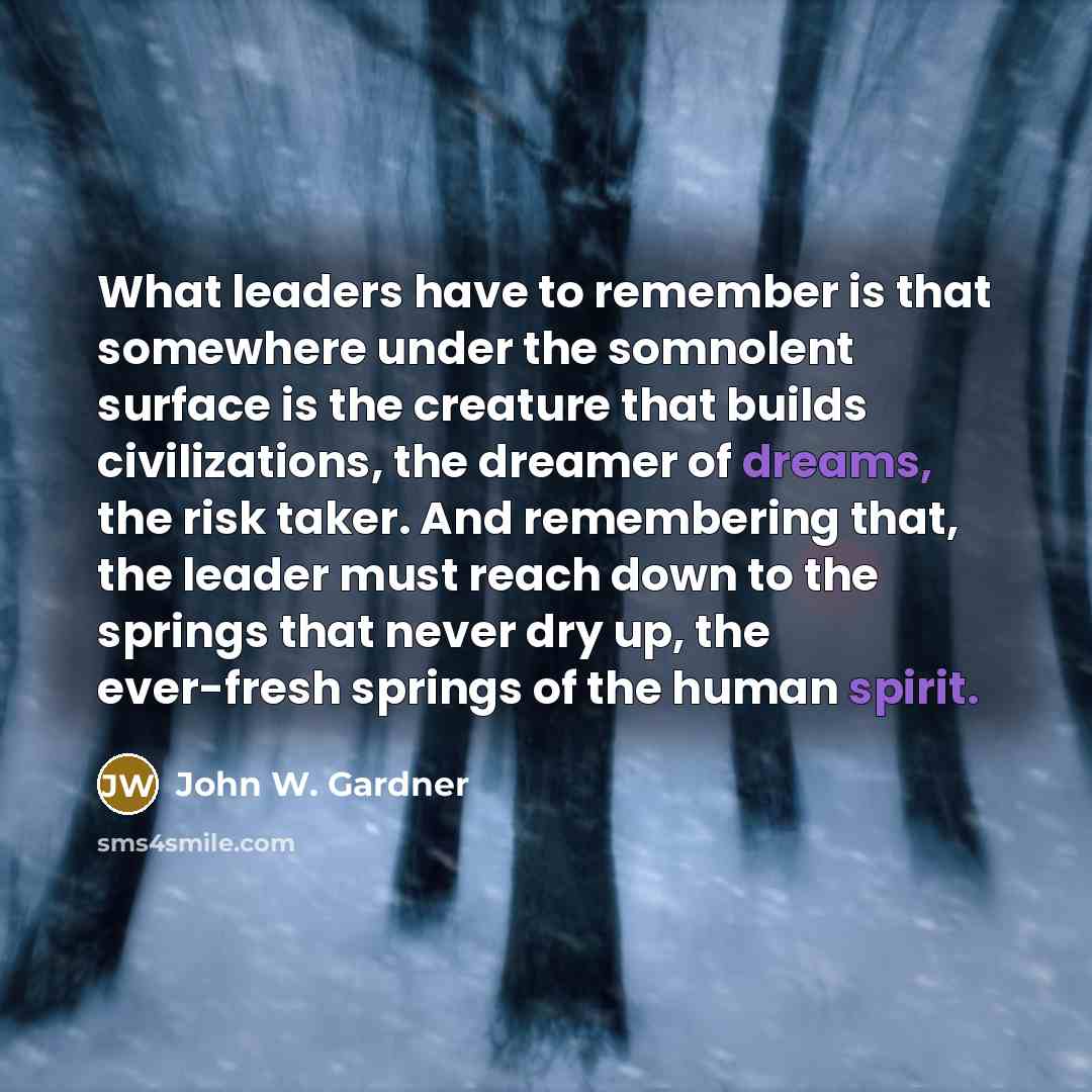 “What leaders have to remember is that somewhere under the somnolent surface is the creature that builds civilizations, the dreamer of dreams, the risk taker. And remembering that, the leader must reach down to the springs that never dry up, the ever-fresh springs of the human spirit.” quote by John W. Gardner