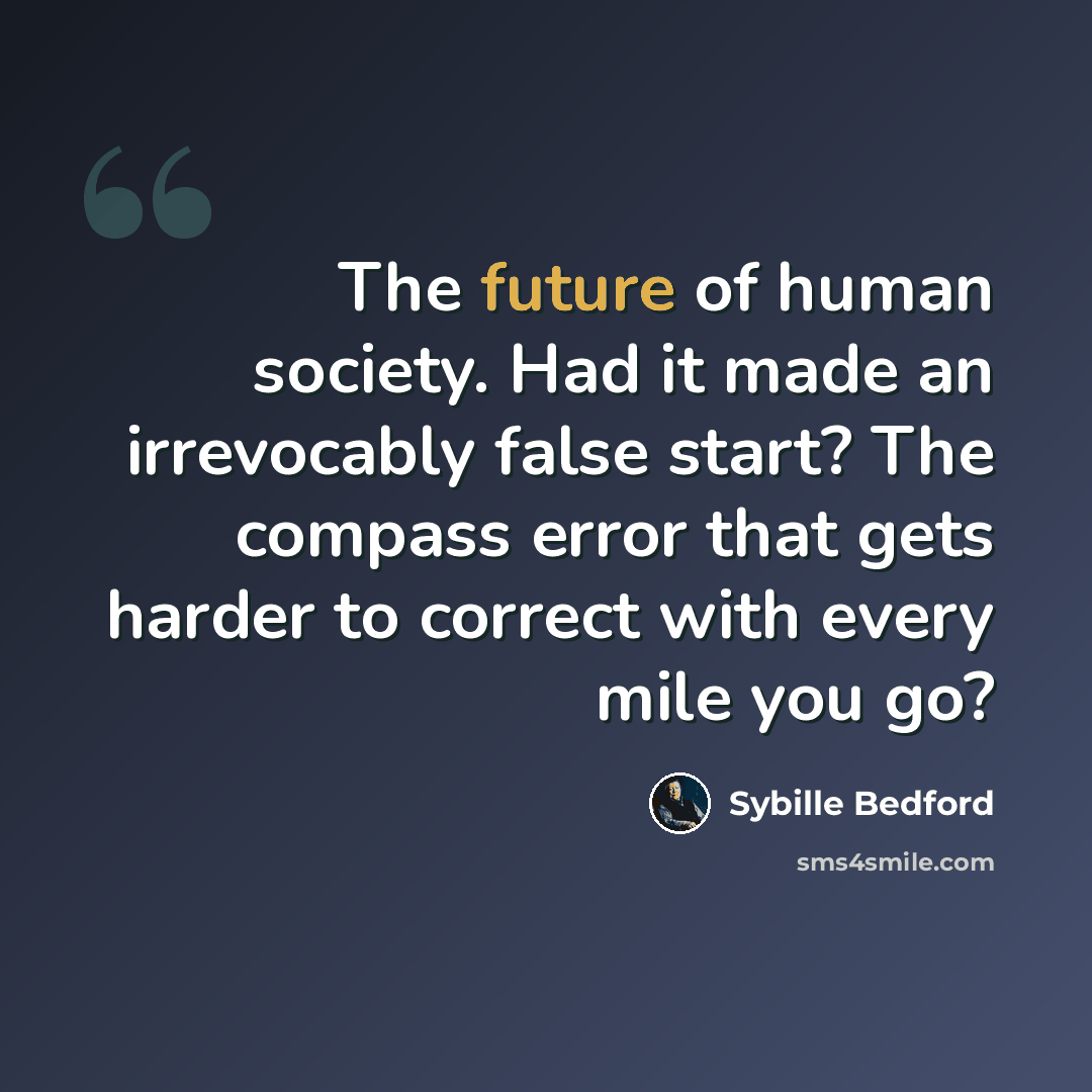 “The future of human society. Had it made an irrevocably false start? The compass error that gets harder to correct with every mile you go?” quote by Sybille Bedford